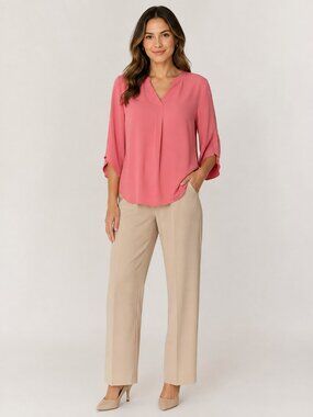 Aodemo Coral Pink Plus Size 4XL V Neck 3/4 Bell Sleeve Flowy Blouse